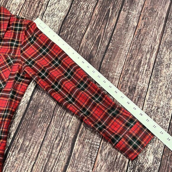Eddie Bauer Button Up Shirt Red Plaid Flannel Faux Leather Shoulder Patch Medium - Picture 10 of 10